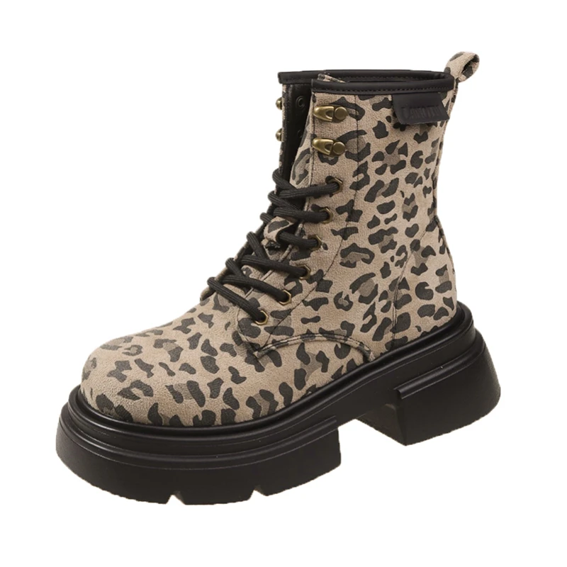 Дамски обувки 2023 г., Висококачествени дамски обувки с кръстосани шнур, Модерни ежедневни обувки с леопардовым принтом, Женски ботильоны на платформата с кръгло бомбе