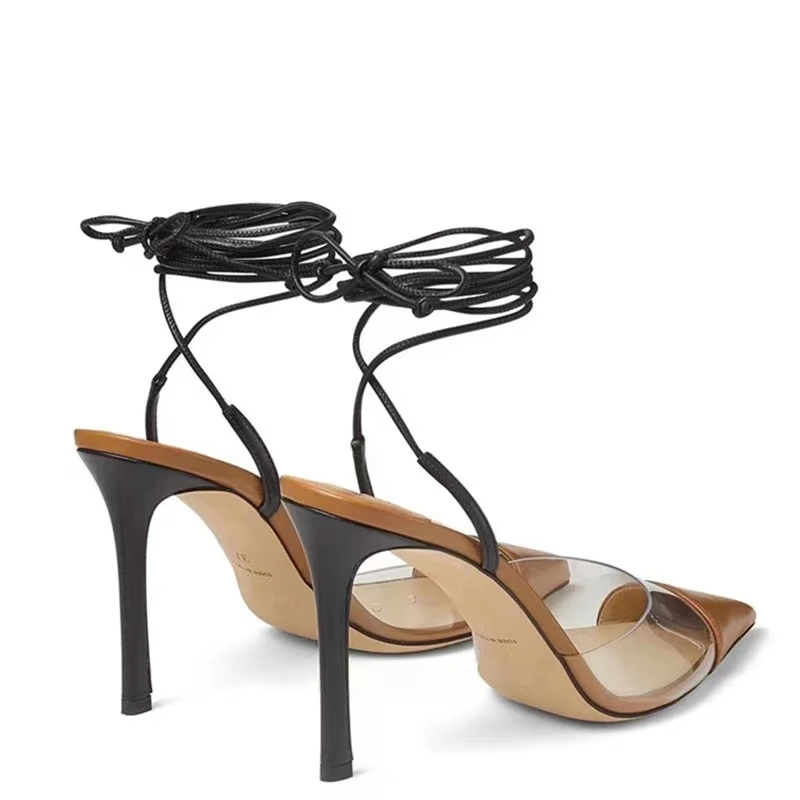Нови пролетно-летни сандали на тънък ток, с джапанки, на висок ток с остър пръсти, дамски обувки от прозрачни стъклени самозалепваща се мрежа