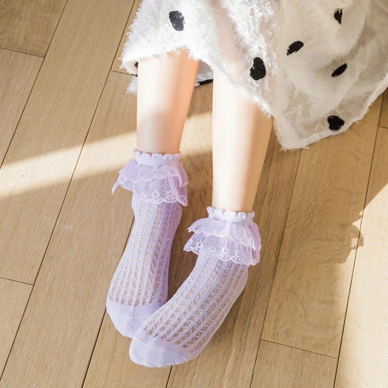 Детски дантелени чорапи с волани за деца 0-12 години, Пролетно-летни памучни дишащи меш къси чорапи Принцеса, детски обикновена чорапи за танци