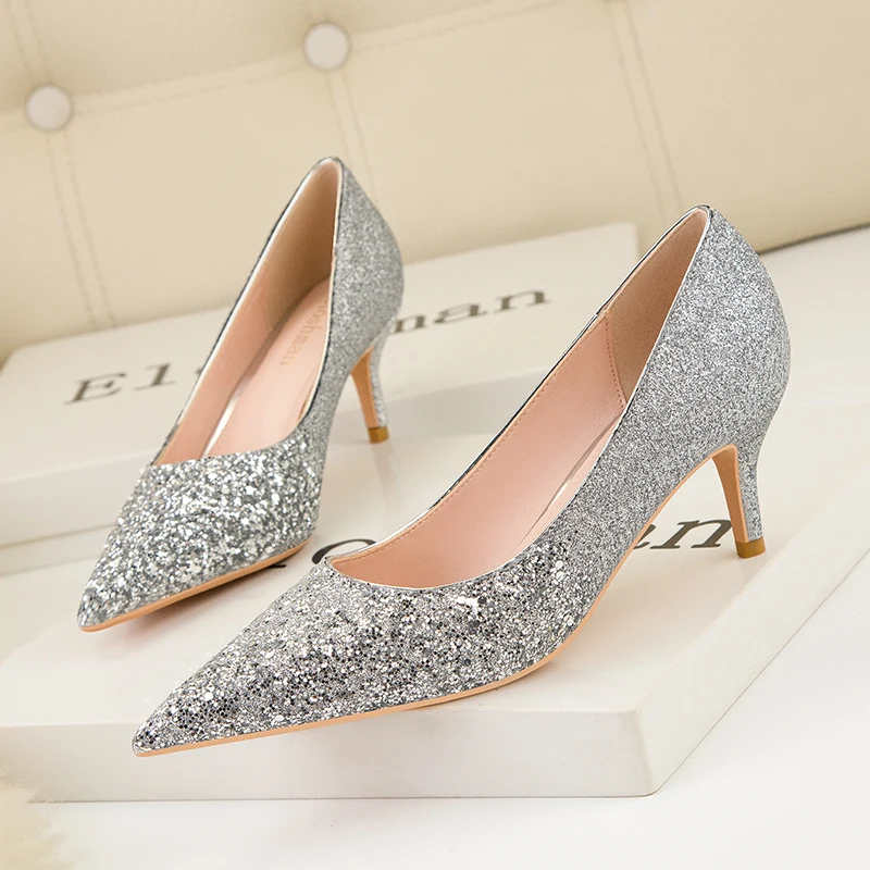 Дамски обувки-лодка Сребрист цвят Шампанско на висок ток-висок ток, Сватбени обувки с пайети, женски обувки на токчета, модни дамски обувки за партита
