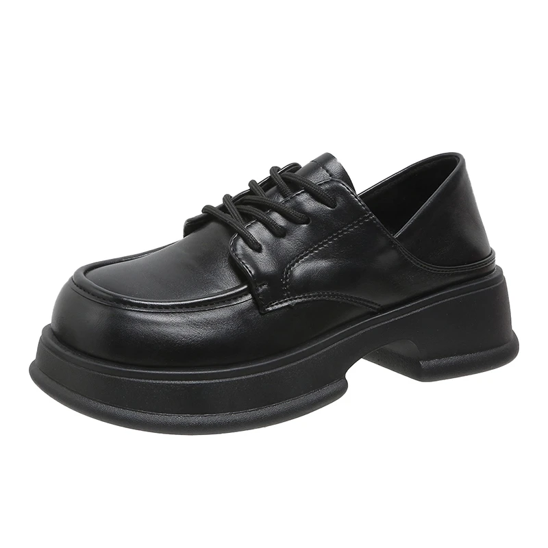 2023 Черни тънки обувки в стил ретро, Дамски пролетни нови Универсални кожени обувки с кръгло бомбе дантела и дебела подметка в британския стил, малки кожени обувки