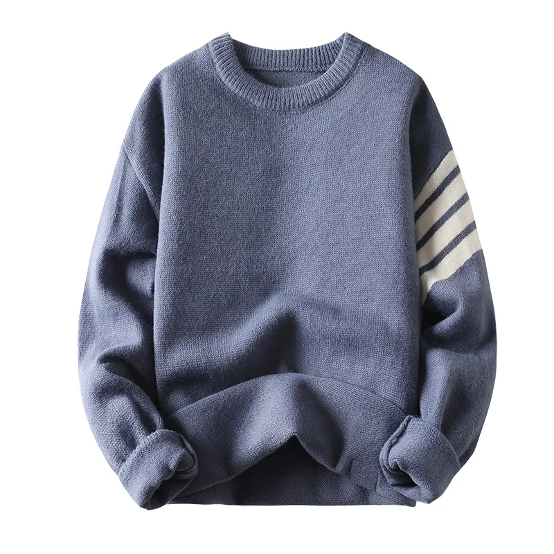 Есен-зима, Нов модерен пуловер с кръгло деколте и дълъг ръкав, мъжки уличен пуловер в контрастен цвят на ивици, лоскутные Свободни универсални капаци