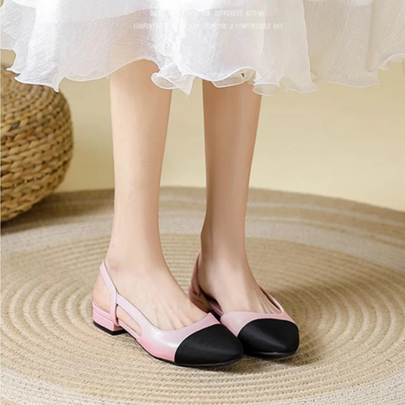 Обувки-сандали от естествена кожа на нисък ток, Дамски обувки-лодка с квадратни пръсти, обувки на дебелите ток, Марка дизайнерски дамски обувки 2023, Размер 42
