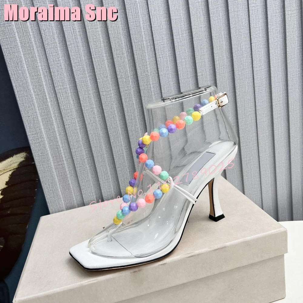 Цветни сандали с клипс от мъниста на висок ток-висок ток с квадратни пръсти, с кръстосан каишка и катарама на щиколотке, лятна плажна обувки за жени, на най-новите