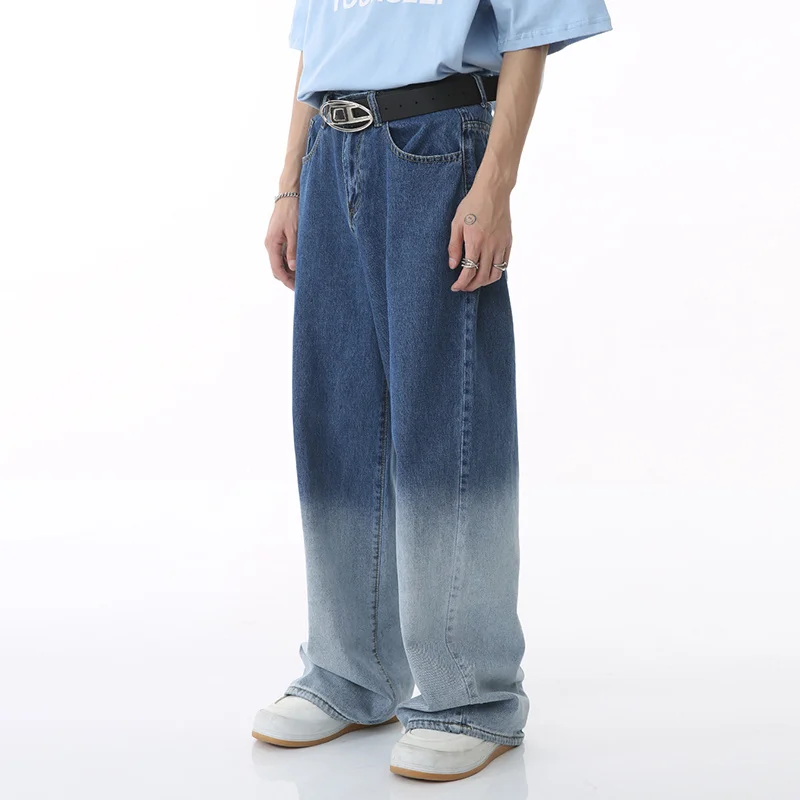SYUHGFA Мъжки Широки дънки Персонализирани Градиентные прави панталони от Деним, Боядисани в Ореол, Летни Нови Корейски Улични Ежедневни панталони
