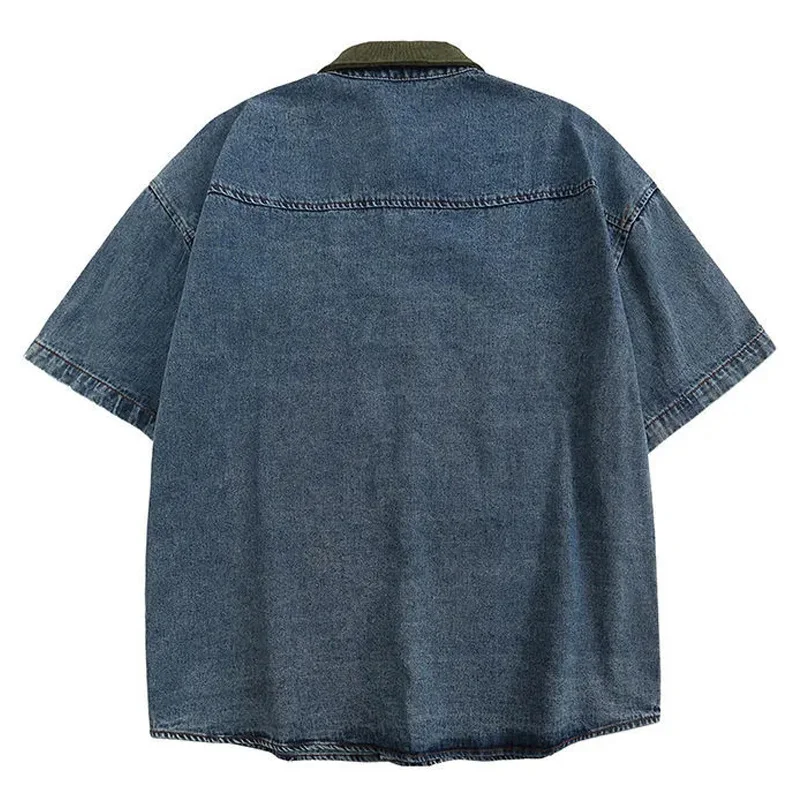 Мъжка лятна риза от стираного деним в американския ретро стил с ревери в стил мозайка с буквенной бродерия, Градинска риза с къс ръкав Унисекс 2023