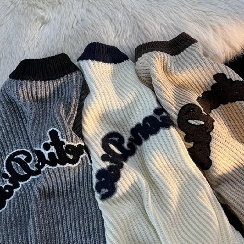 Мъжки пуловер на Есенния Ретро Контрастен цвят, Свободни възли блузи, Дамски пуловер с кръгло деколте и дълъг ръкав, Блузи с надписи за двойки