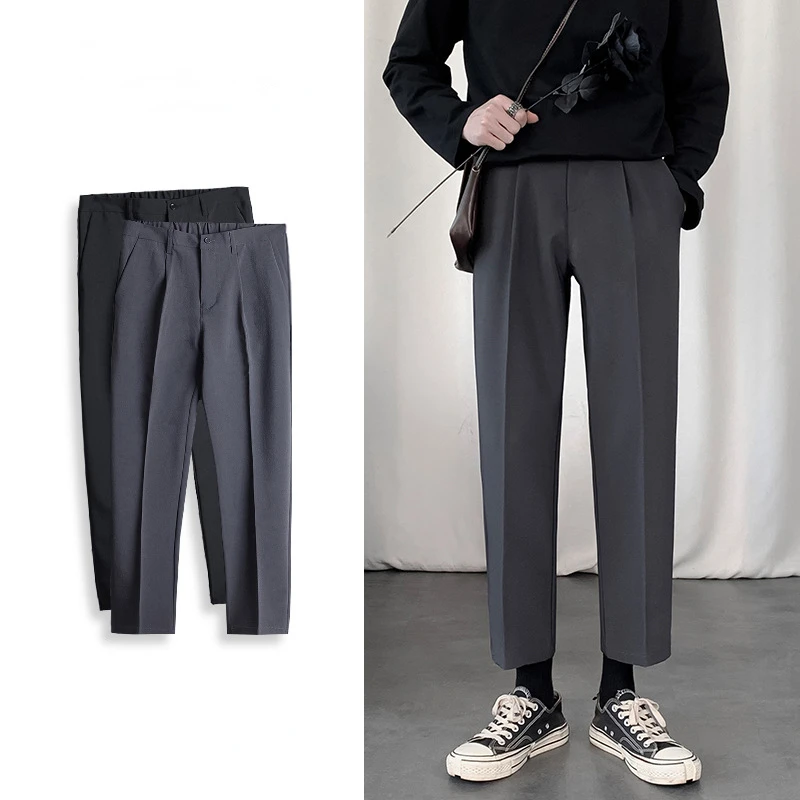 Мъжките Ежедневни панталони, Нови Широки прави панталони с еластичен ластик на талията, Корейската мода, класически обикновена костюмные панталони, Мъжки, Черно-сиви панталони