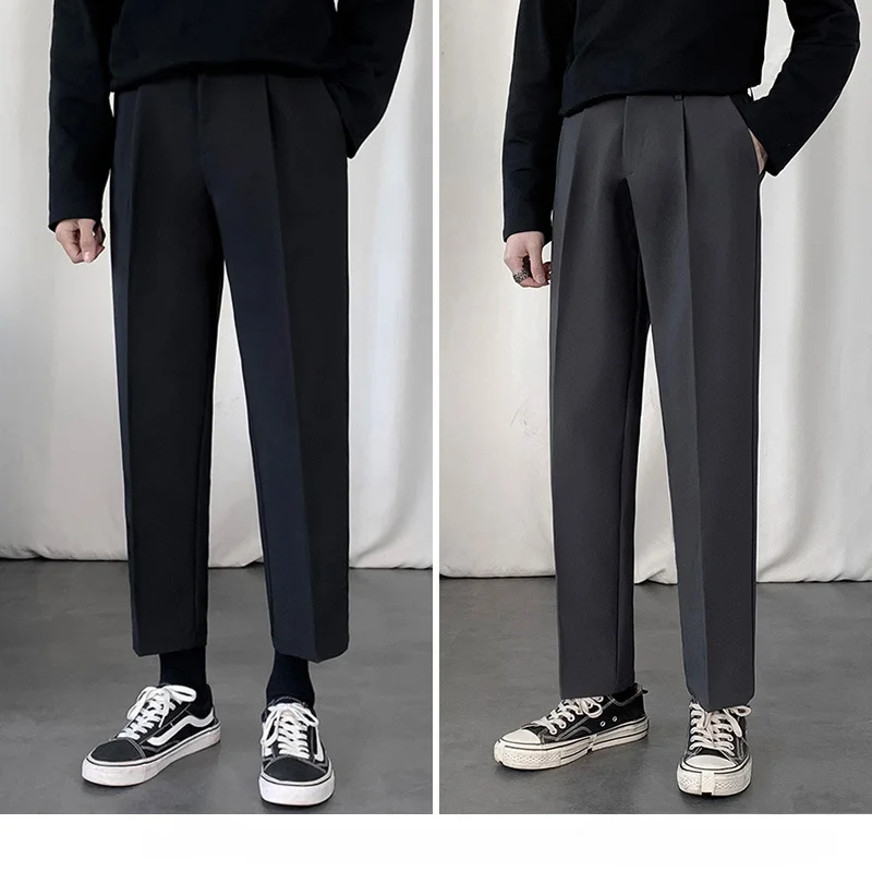 Мъжките Ежедневни панталони, Нови Широки прави панталони с еластичен ластик на талията, Корейската мода, класически обикновена костюмные панталони, Мъжки, Черно-сиви панталони