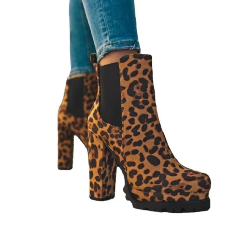 Нови дамски обувки; Зимни обувки с леопардовым принтом на кръгла груб ток; Удобни обикновена обувки голям размер на плетеном ток;