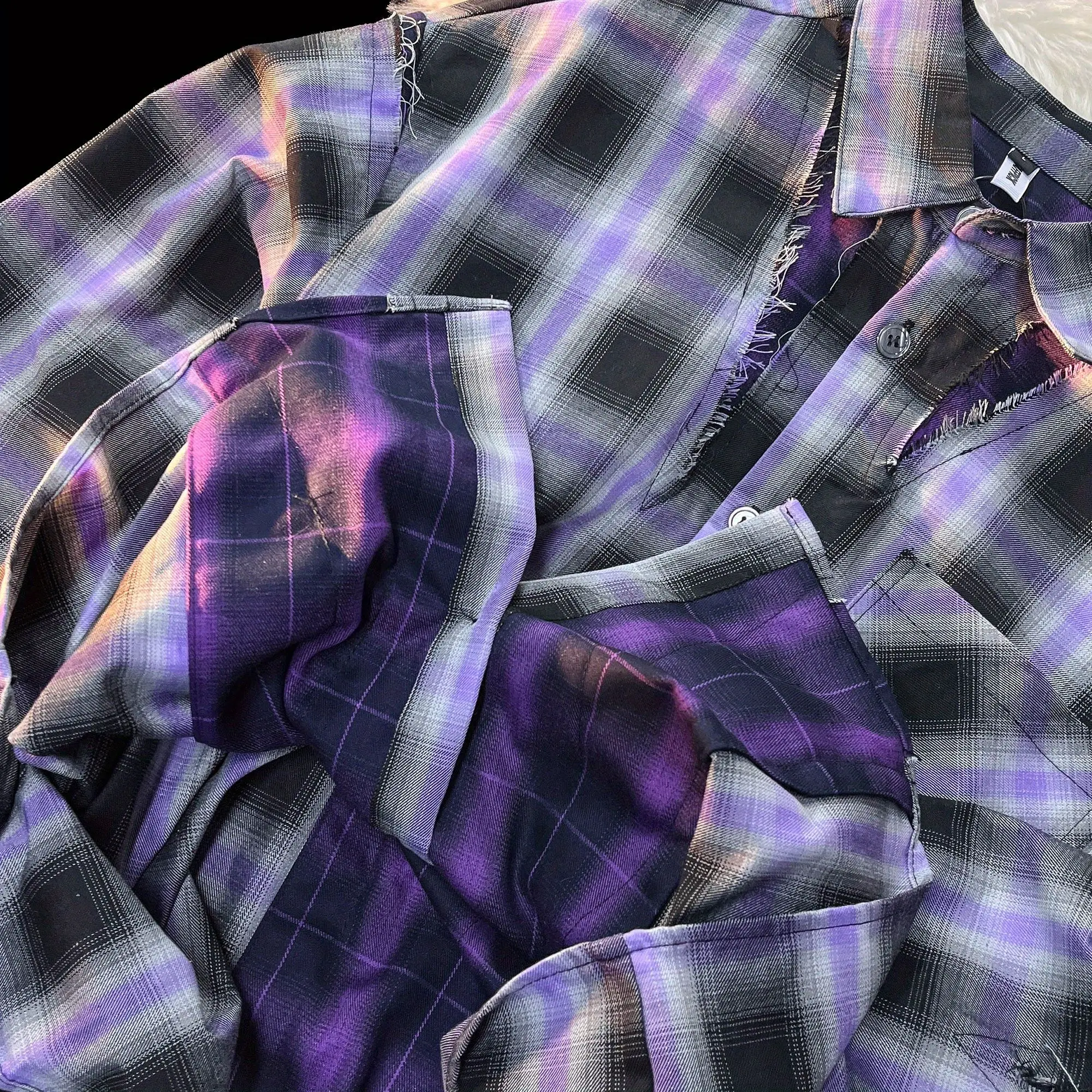 Американската ретро клетчатая лоскутная лилава риза в клетката, ежедневни блузи, мъжки блузи, улични отношение 2023, модни градинска облекло