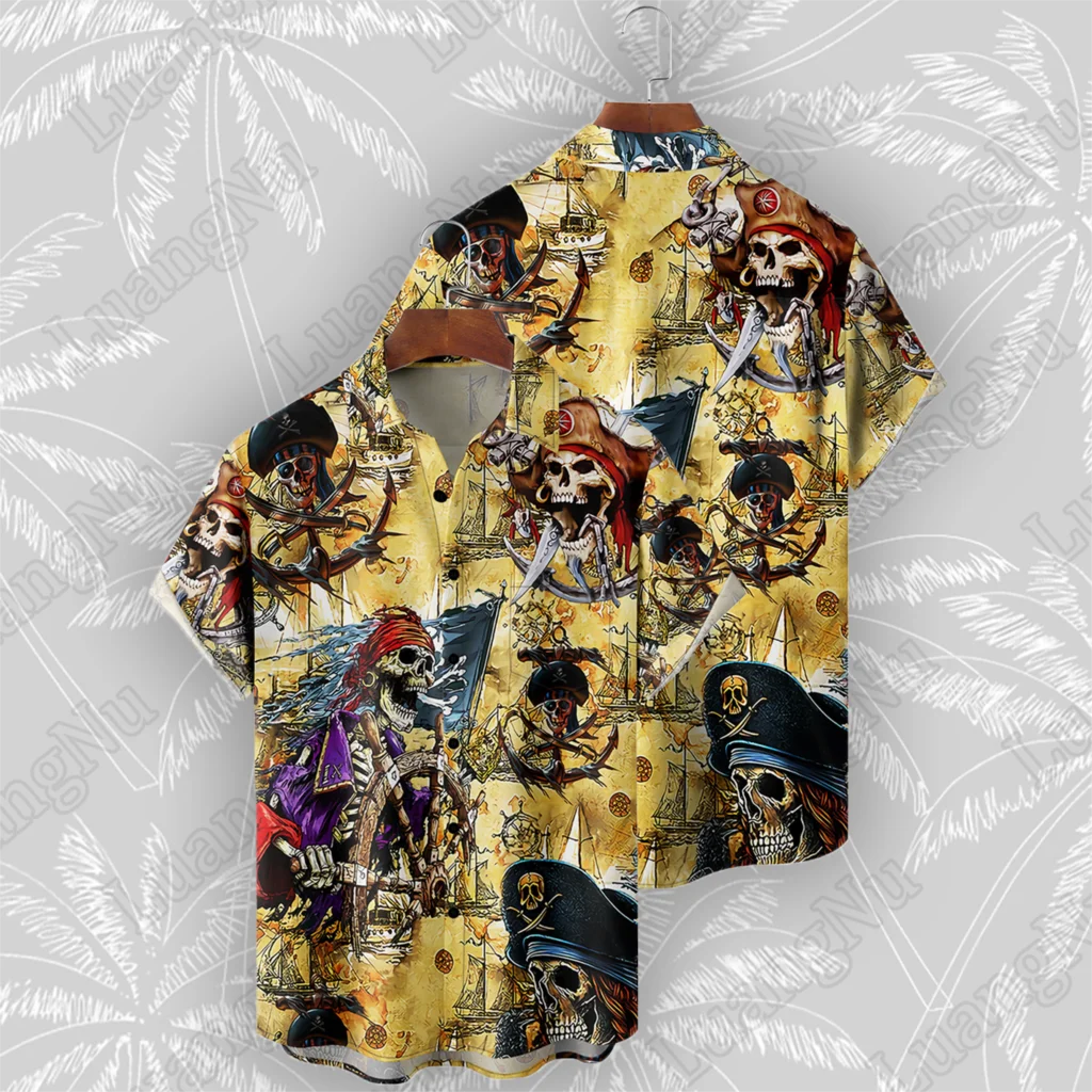 Мъжки Ризи С Принтом Черепа на един Пират, Летни Висококачествени Блузи с Къс Ръкав, Хавайски Вечерна Риза с Копчета, Мъжки Ежедневни Ризи Оверсайз