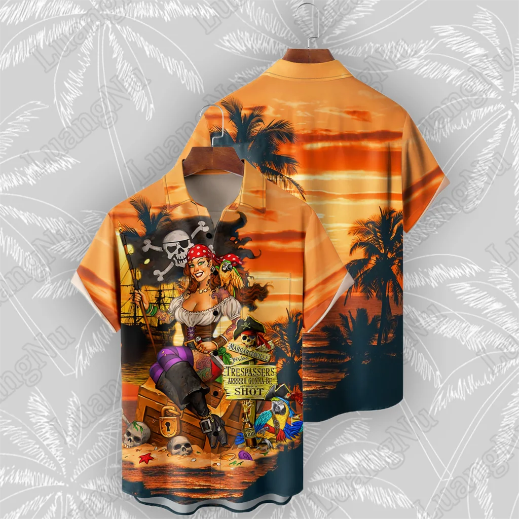 Мъжки Ризи С Принтом Черепа на един Пират, Летни Висококачествени Блузи с Къс Ръкав, Хавайски Вечерна Риза с Копчета, Мъжки Ежедневни Ризи Оверсайз