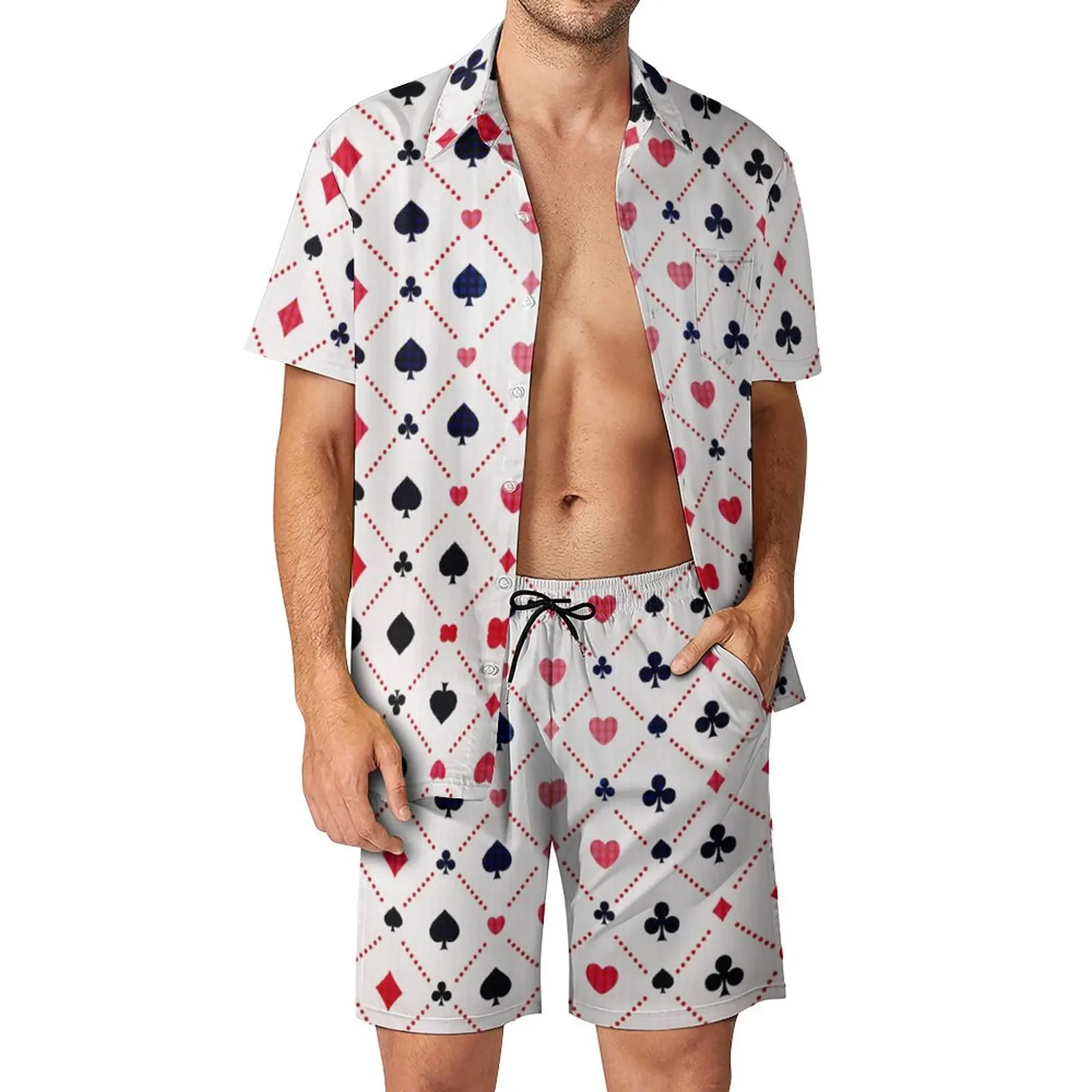 Плажни мъжки комплекти за игра на покер с карти сърце, Ежедневни риза, Летни Шорти с принтом, ретро костюм от две части, по-Големи размери 3XL