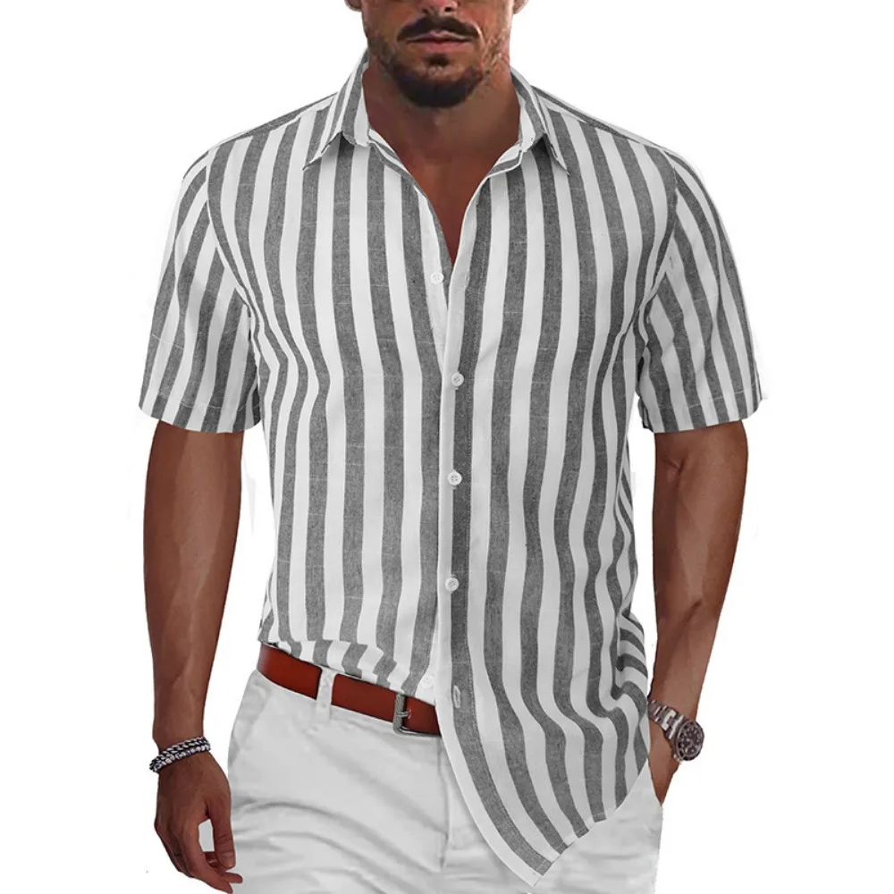 Нова мъжка риза; модерни плажни ризи на райета с къс ръкав; лятна риза; Мъжки ежедневни блуза с отложным яка и копчета; мъжки дрехи