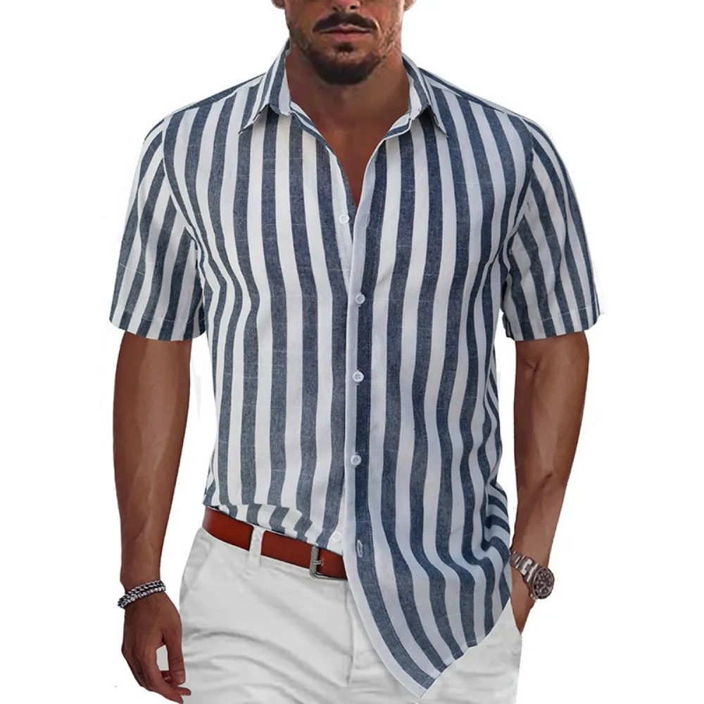 Нова мъжка риза; модерни плажни ризи на райета с къс ръкав; лятна риза; Мъжки ежедневни блуза с отложным яка и копчета; мъжки дрехи