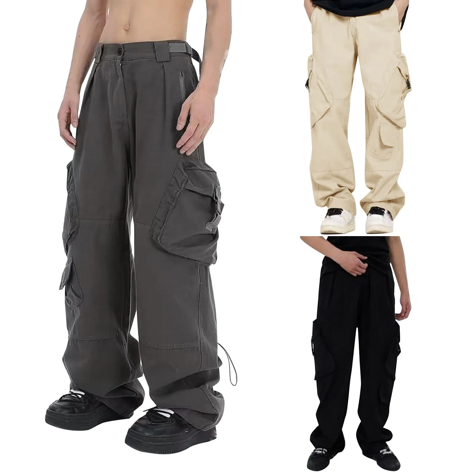 Мъжките ежедневни панталони с много джобове, широки улични панталони