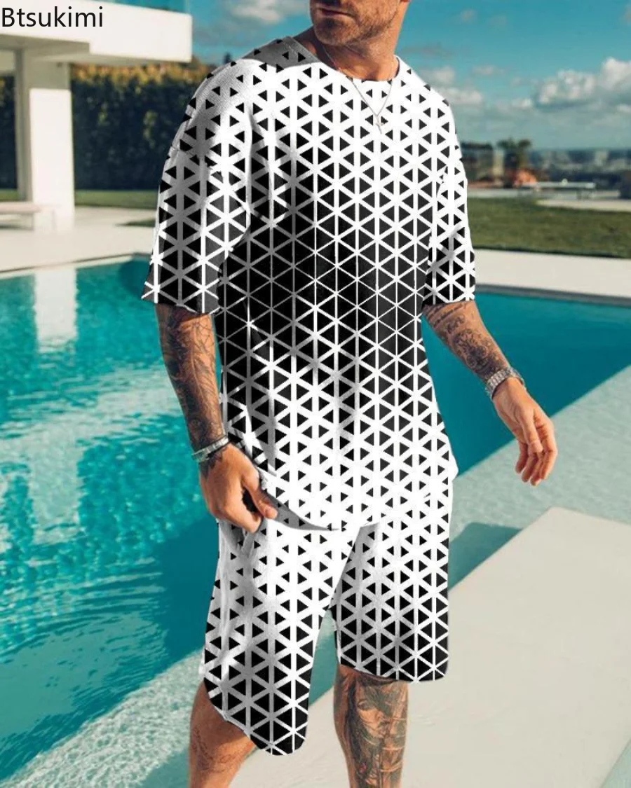 2023 Нов Мъжки спортен костюм с 3D принтом, 2 броя, Мъжки t-shirt/къси Панталони, Спортни дрехи, Ежедневни тенденция Летни дрехи За Почивка на Плажа в стил Харадзюку