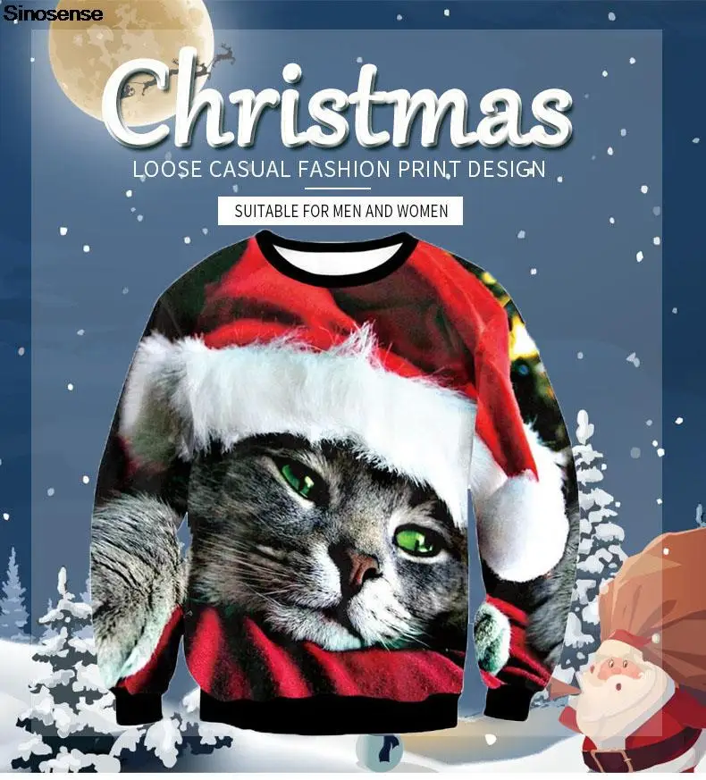 Мъже, Жени, Есен-Зима, Грозна Коледен пуловер, Пуловер, Коледни Джъмпери, Блузи, 3D Коледна hoody с принтом Котка за Празнични партита