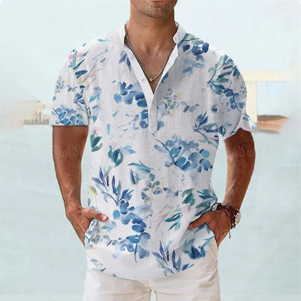 Мъжка риза с висока яка, модерен и елегантен мъжки дрехи, риза с къс ръкав с флорални елементи, всекидневни топ оверсайз за почивка