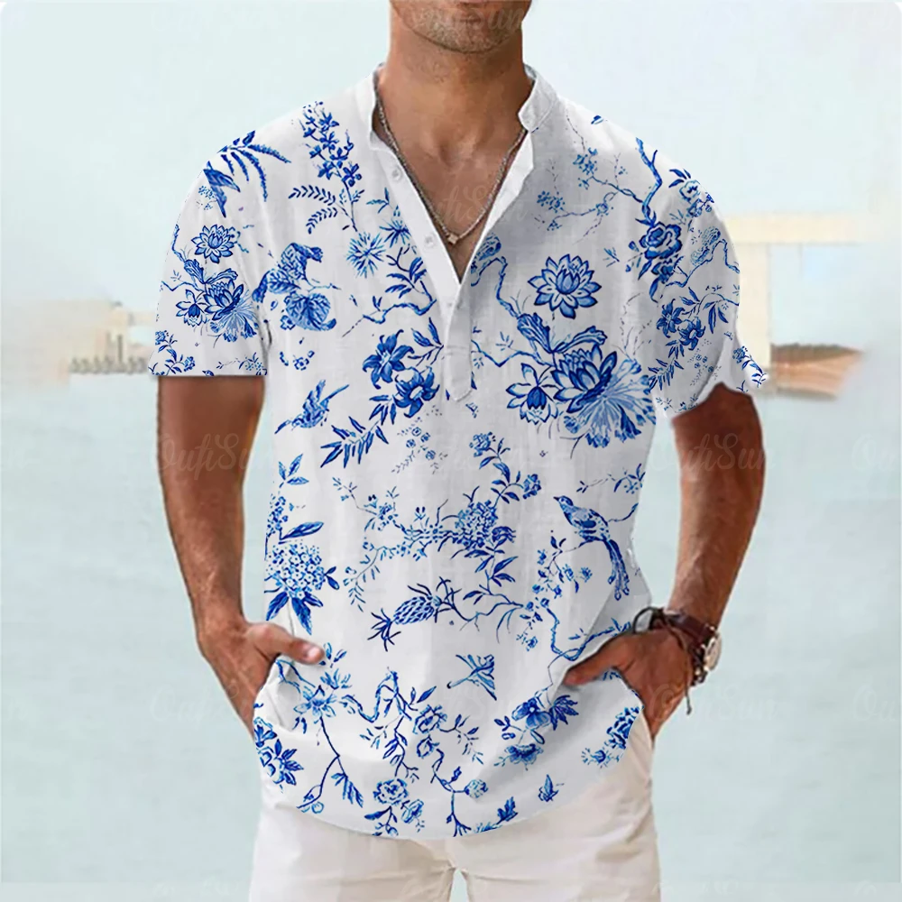 Мъжка риза с висока яка, модерен и елегантен мъжки дрехи, риза с къс ръкав с флорални елементи, всекидневни топ оверсайз за почивка