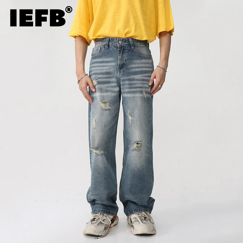 Модерен мъжки дънкови панталони IEFB, Реколта вашата тоалетна добре износени Свободни прави дънки, Широки дънкови панталони в Корейски стил 9A8119