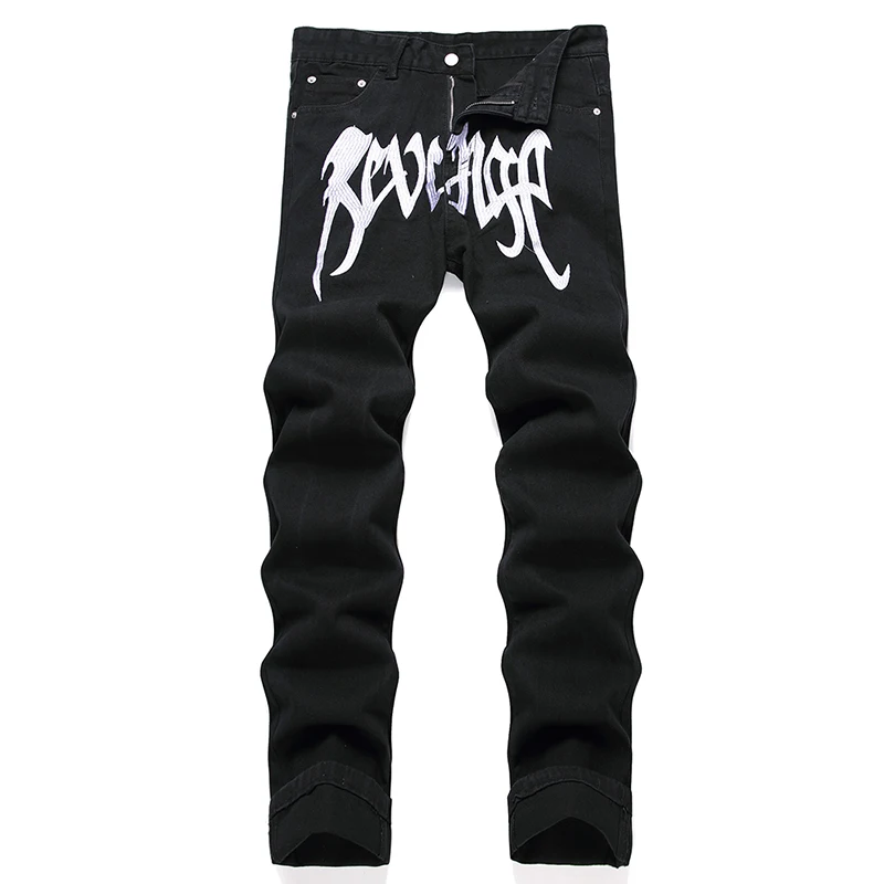 Градинска облекло в стил хип-хоп, мъжки черни панталони за джогинг с бродирани букви, Пролет-Есен, Свободни прави Дънки, улични панковские дънкови панталони