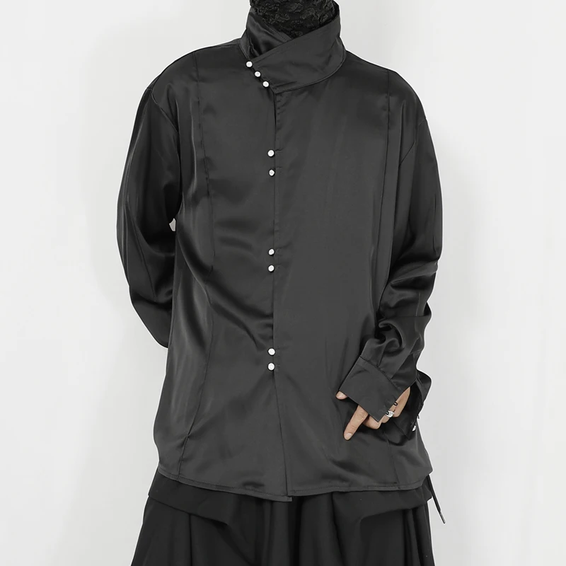 Оригиналната есенна риза с дълги ръкави, мъжка черна риза, ретро нова сатен мъжка риза с дълъг ръкав в китайски стил