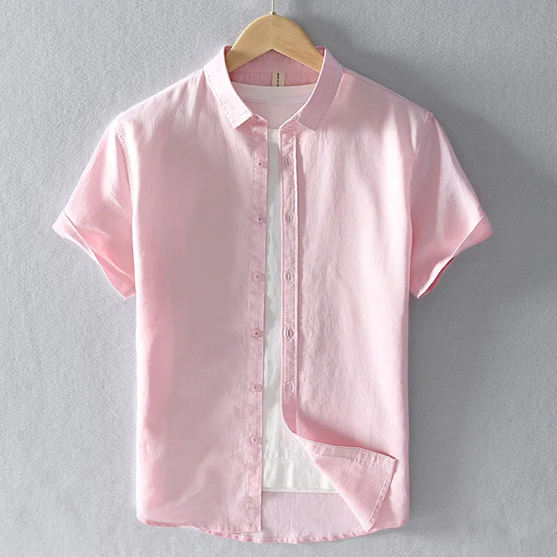 2023 Летни Памучни Ленени Ризи с къс ръкав, Мъжки Ежедневни Модерен Розов Класически Мъжки Блузи с Отложным яка, Риза Размер Плюс S-4XL