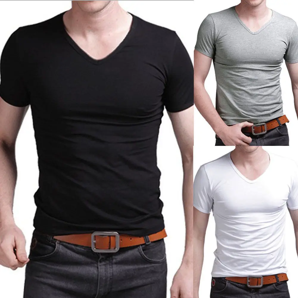 B1708, гореща лятна разпродажба, тениска, нови мъжки блузи с V-образно деколте, риза, приталенная, с къс ръкав, однотонная ежедневни тениска