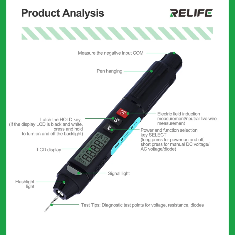 Извършване на точни измервания с помощта на мултицет RELIFE DT-02 Smart Pen-тип – за ремонт на мобилни телефони, измерване на напрежение ac / dc, мултифункционален