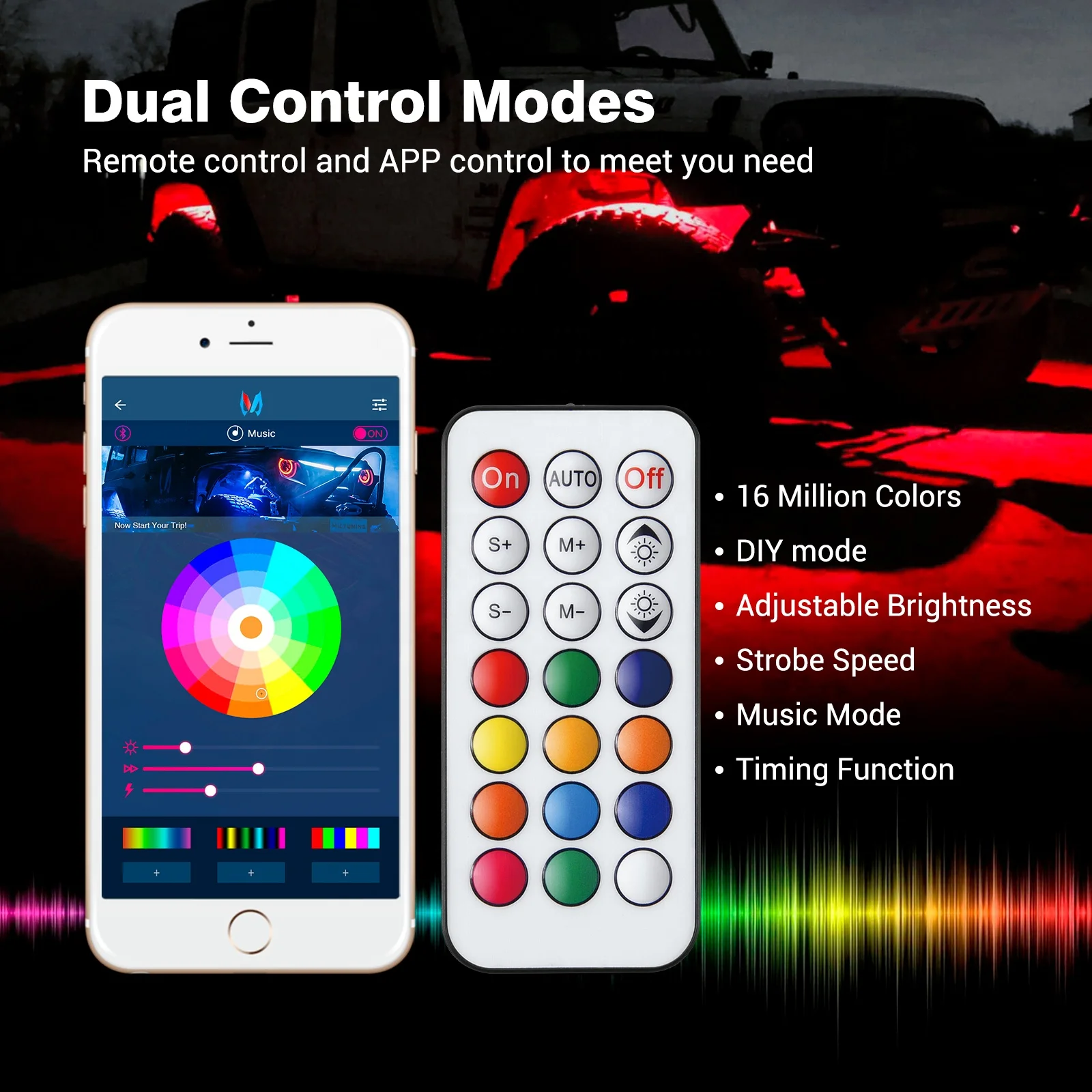Mictuning Q1 RGBW led Light Rock - 8 многоцветни модули с администратора на приложението За оф-роуд SUV, пикап UTV