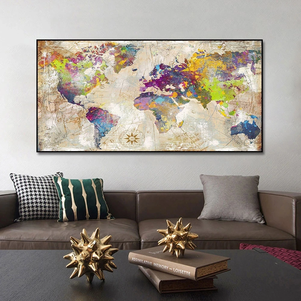 Ретро плакати с карта на света и щампи, златни стенни рисунки върху платно, картини за декорация на хола, модерен начало декор, принт