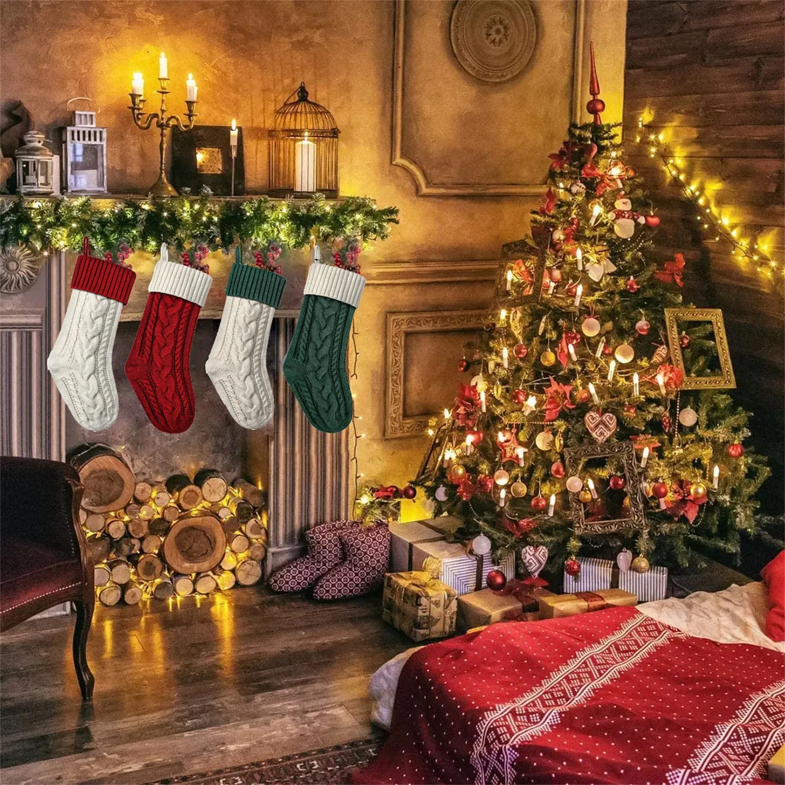 Коледни Възли Чорапи 18 инча Декор, Подарък пакет за фестивала, Камина, Коледна Елха, Висящи Коледен чорап, Красива, Уютна окачване за R