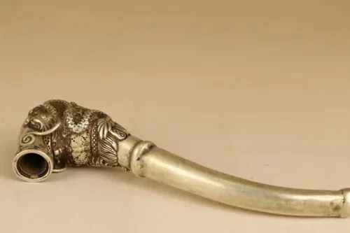 Рядко Тибетски Сребърен меден Инструмент За Пушачи Статуя на Старата Свещена Тръба С глава на Дракон