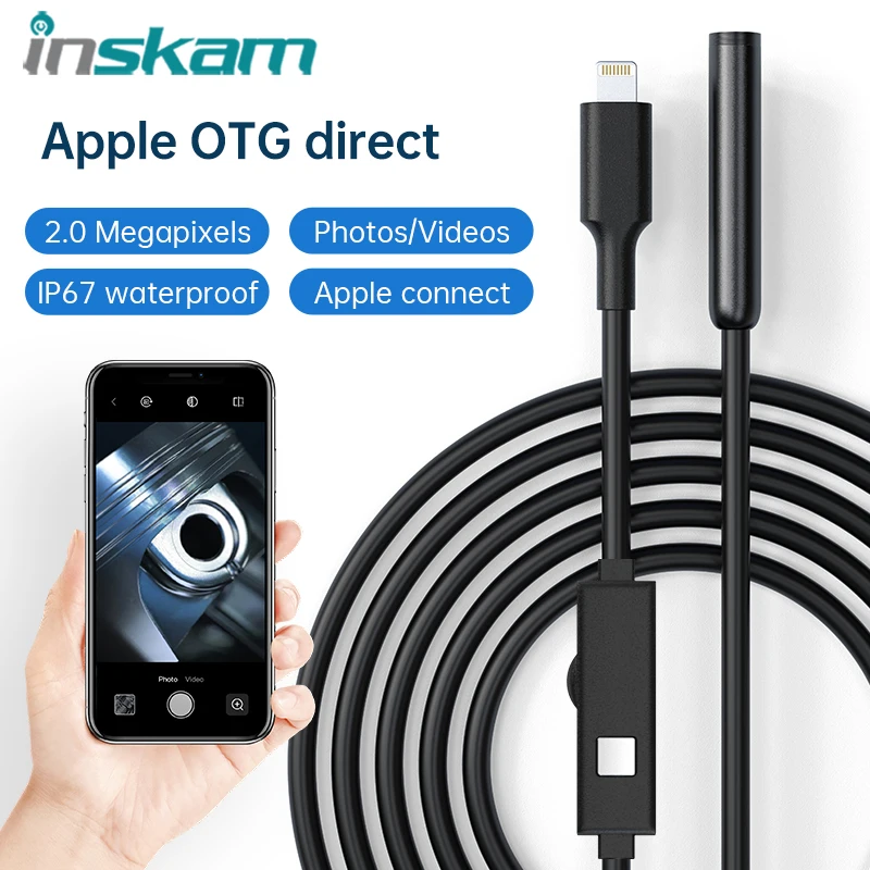Промишлен ендоскоп INSKAM, жичен помещение, директна връзка с iPhone, Ipad, бороскоп за разглеждане на тръби, 8 мм обектив, 8 светодиода за IOS IPHONE