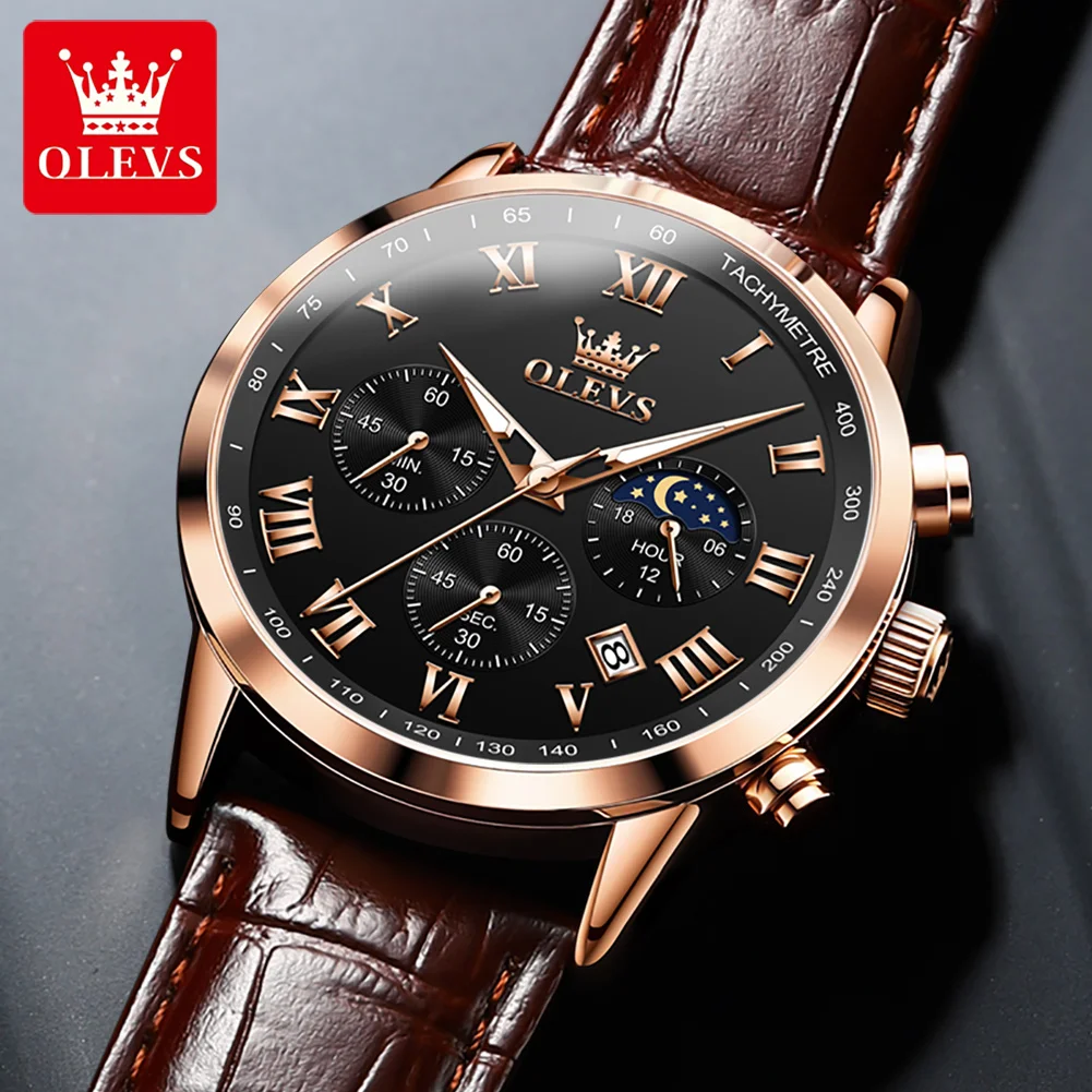 Мъжки часовник OLEVS Топ от кафява кожа, Класически аналогови кварцови часовници за мъже, водоустойчиви часовници 3ATM, мулти-функция хронограф
