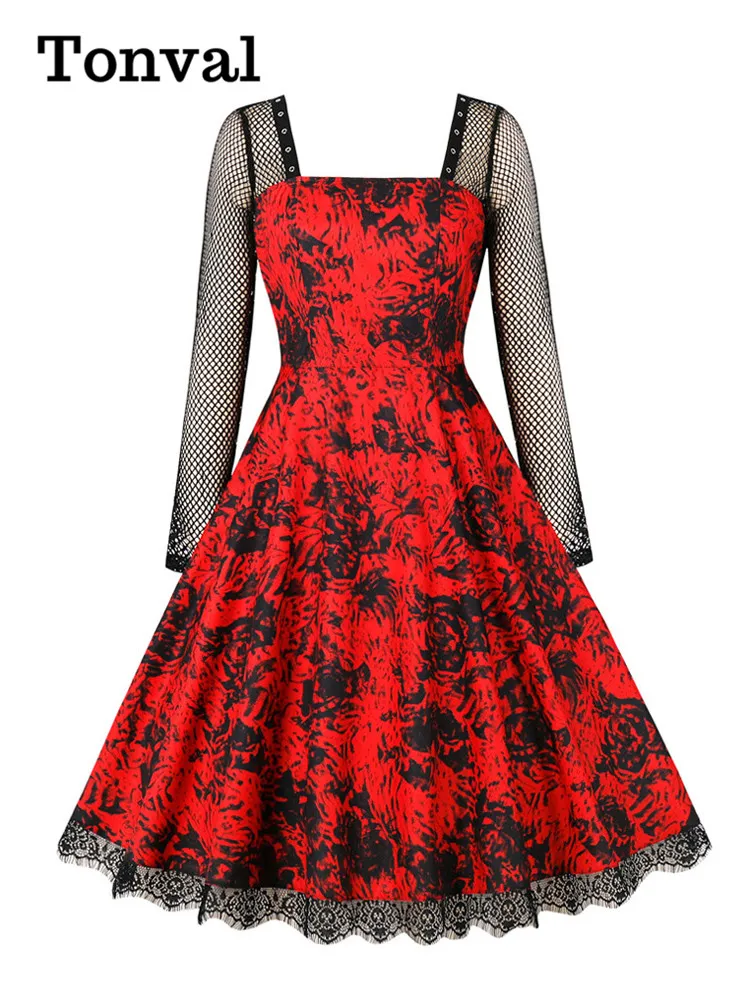 Тонваль, Квадратен силует, Ажурное рокля с дълъг ръкав и червени принтом, Женски винтажное рокля с завързана подолом, Вечерни рокли трапецовидна форма на Хелоуин