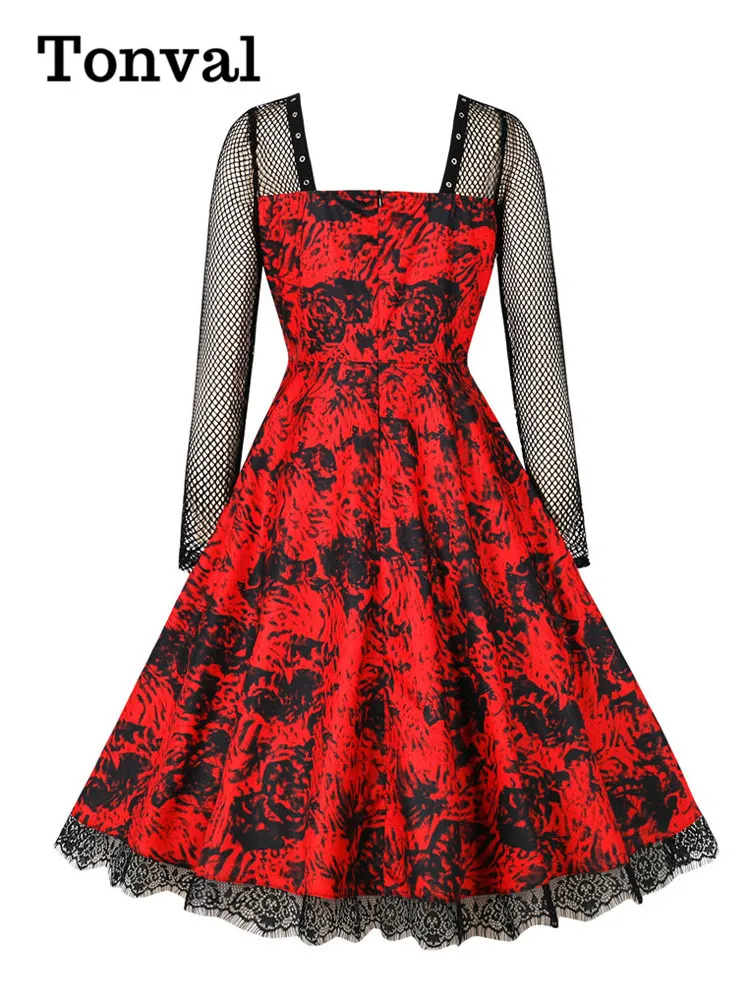 Тонваль, Квадратен силует, Ажурное рокля с дълъг ръкав и червени принтом, Женски винтажное рокля с завързана подолом, Вечерни рокли трапецовидна форма на Хелоуин