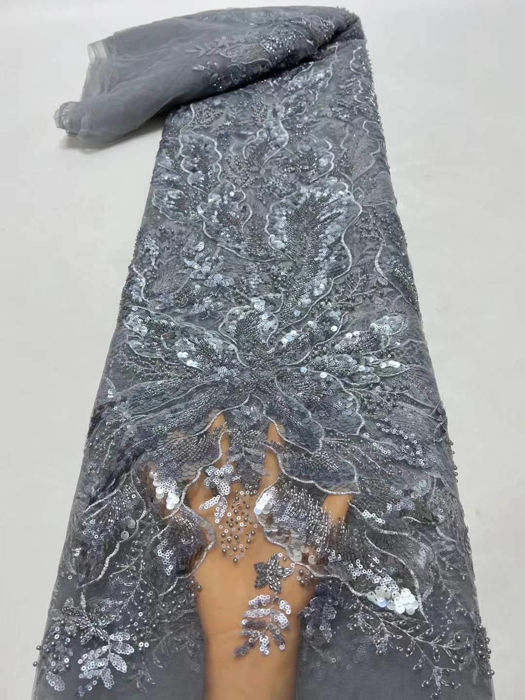 Расшитая мъниста бяла лейси плат за сватбена рокля, висококачествен нигерийски тюл, мрежест материал, 2023 кристални мъниста ръчна изработка