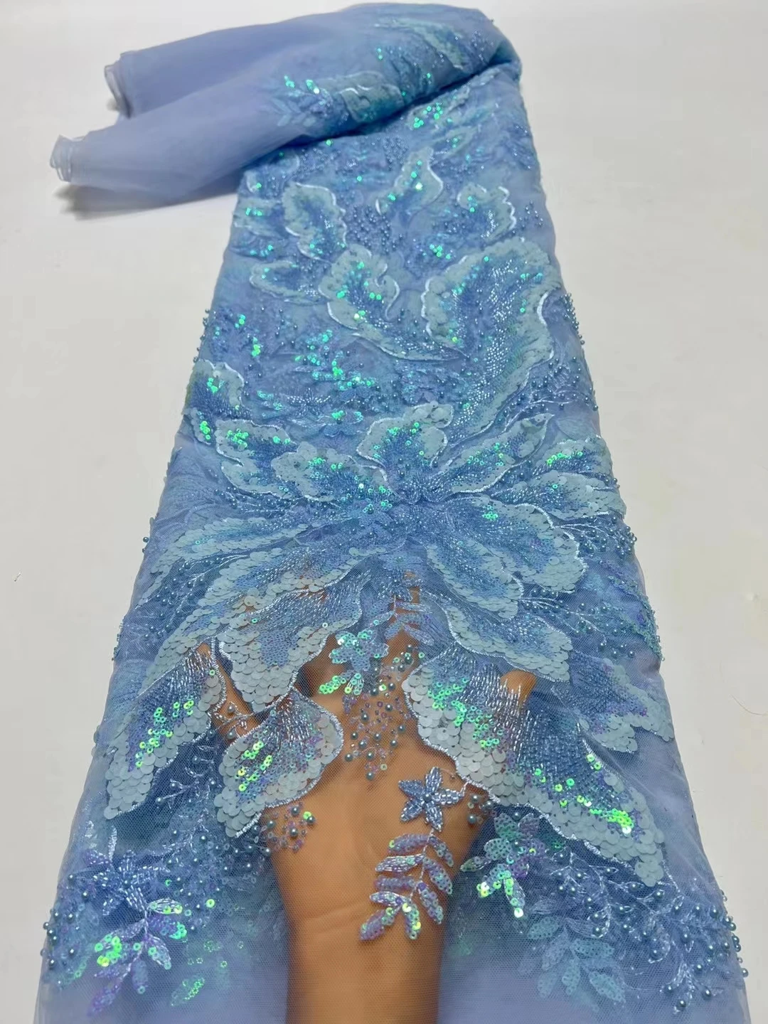 Расшитая мъниста бяла лейси плат за сватбена рокля, висококачествен нигерийски тюл, мрежест материал, 2023 кристални мъниста ръчна изработка