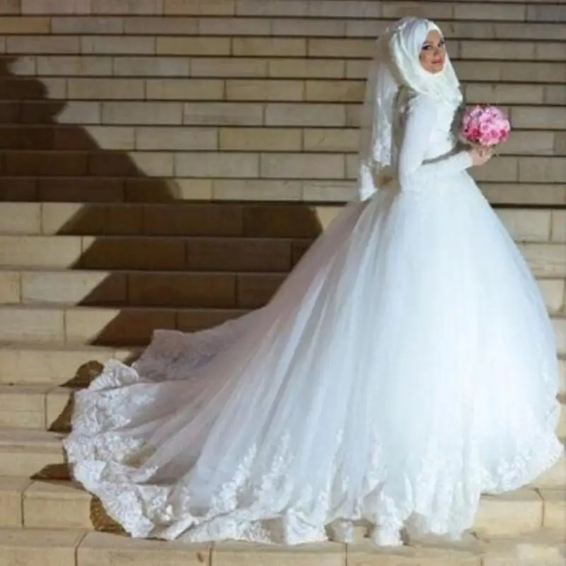 Сватбени и Шаферски рокли от бял Тюл с дълъг ръкав, С високо воротом, Дантелени Апликации в ислямския Арабски Стил, Зимни Закръглени Булчински рокли, Сватбена рокля