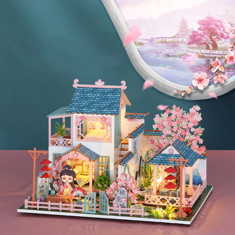 Diy Wooden Куклена Къща Миниатюрна къщичка в цвят праскова с комплект мебели Събери играчките за деца, подарък за рожден Ден за възрастни, Casa