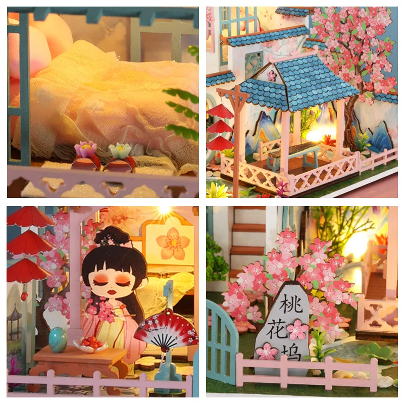 Diy Wooden Куклена Къща Миниатюрна къщичка в цвят праскова с комплект мебели Събери играчките за деца, подарък за рожден Ден за възрастни, Casa