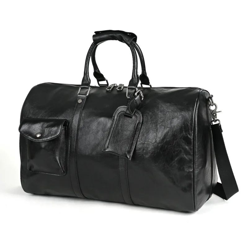 Черна пътна спортна чанта от естествена кожа, мъжки чанти за багаж, обикновена трайни екип чанта органайзер за носене през рамо, пътна чанта-тоут