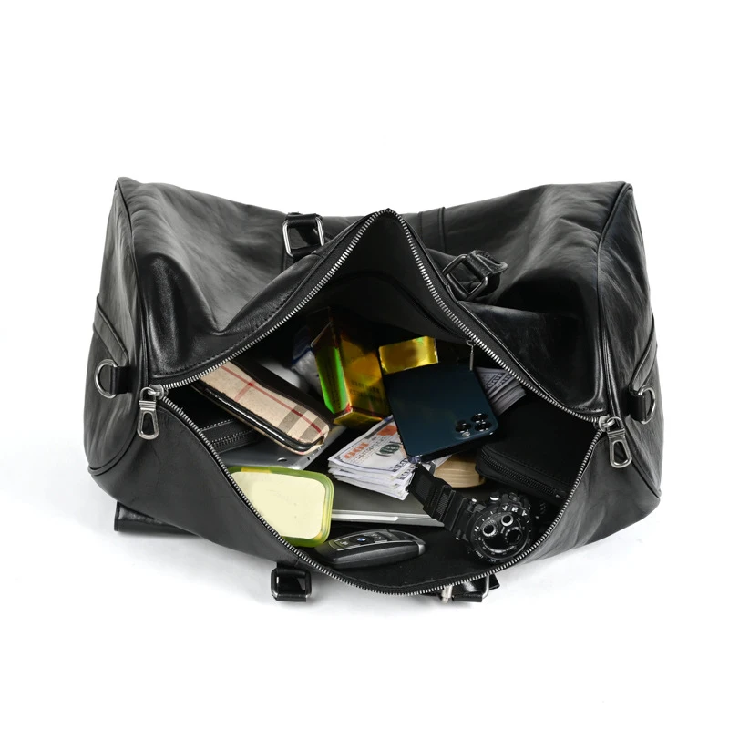 Черна пътна спортна чанта от естествена кожа, мъжки чанти за багаж, обикновена трайни екип чанта органайзер за носене през рамо, пътна чанта-тоут