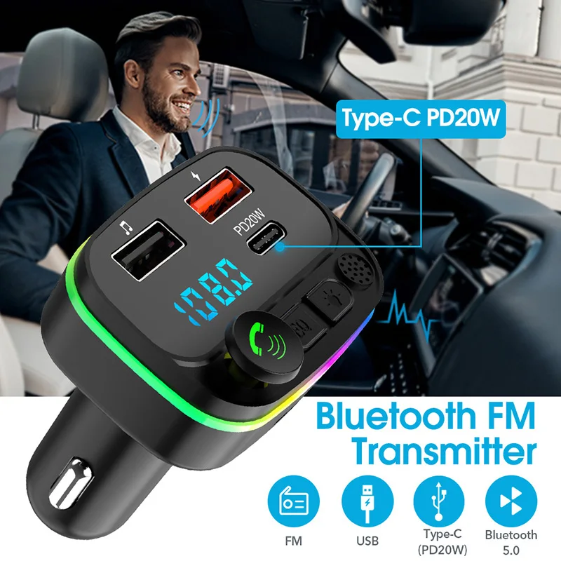 Зарядно за кола B2 Bluetooth 5.0, USB-интерфейс, предавател с FM модулация, U-карта, MP3 плейър, аудиовызов за микрофон, HD дисплей син