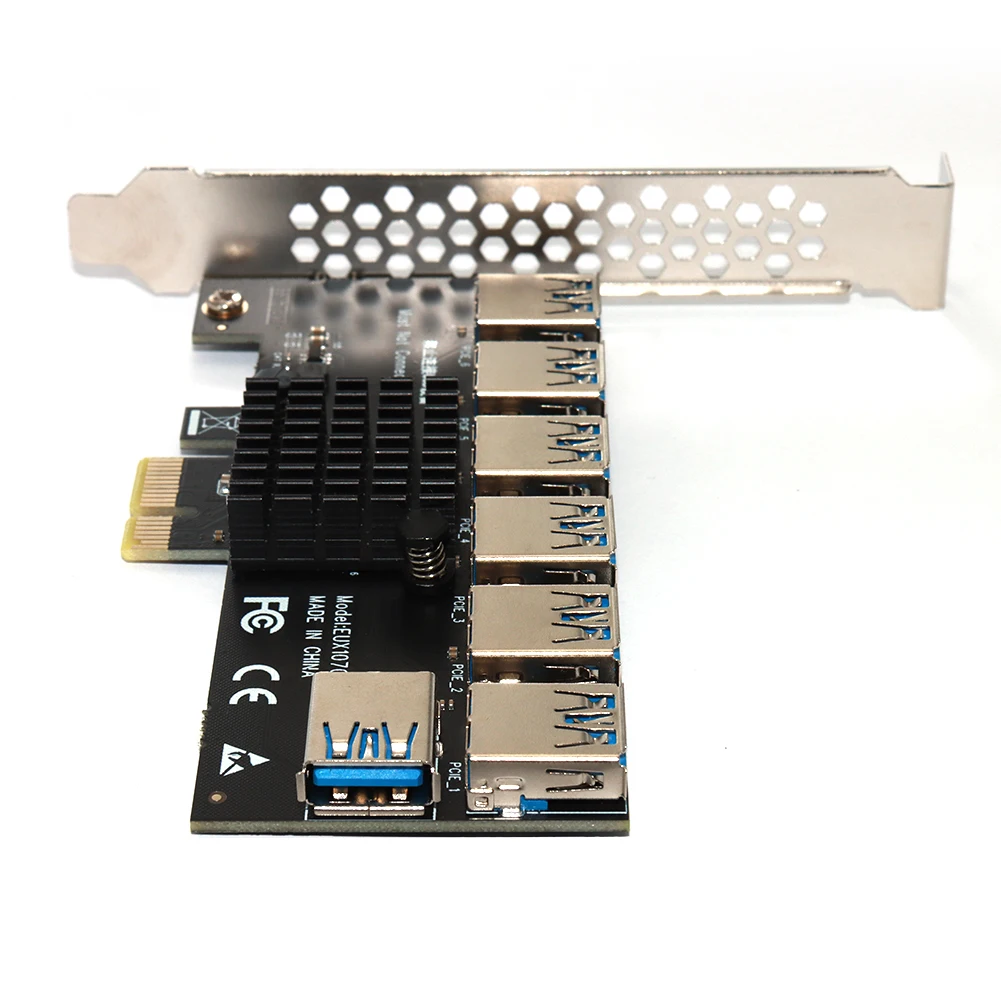 EUX1070 PCI-E 1x от 1 до 7 Странично Карта за майнинга БТК PCI Express USB3.0 Множител