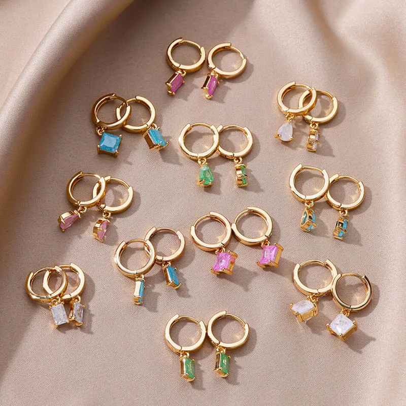 Цветни обеци-пръстени с цирконии за жени, позлатени обеци-сърца от неръждаема стомана, стилен, геометрични обеци, Коледна украса сватба