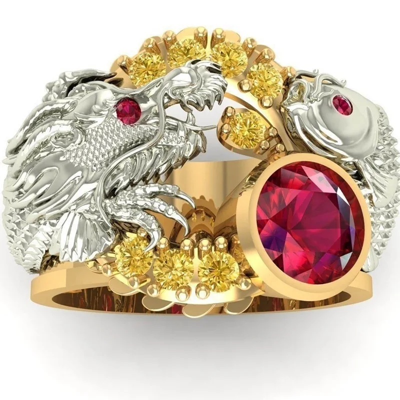 Реколта пръстен в стил Пънк от Зъл Дракон За Мъже, Готик Метал в два цвята Червен Циркон, Пръстен в стил Steampunk, Дамски бижута